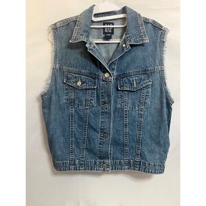 Gap Denim Vest Sleeveless Trucker Jacket Frayed Armholes Medium Wash Womens Lg